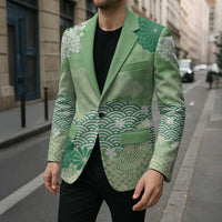 Green Palaka Japanese Patterns Blazer Asanoha Seigaiha Sakura Motif - Polynesian Pride