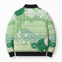 Green Palaka Japanese Patterns Bomber Puffer Jacket Asanoha Seigaiha Sakura Motif - Polynesian Pride