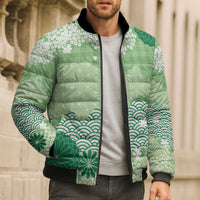 Green Palaka Japanese Patterns Bomber Puffer Jacket Asanoha Seigaiha Sakura Motif - Polynesian Pride