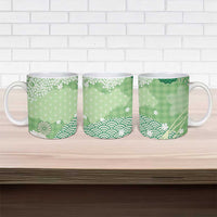 Green Palaka Japanese Patterns Ceramic Mug Asanoha Seigaiha Sakura Motif - Polynesian Pride