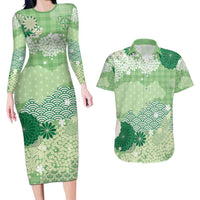 Green Palaka Japanese Patterns Couples Matching Long Sleeve Bodycon Dress and Hawaiian Shirt Asanoha Seigaiha Sakura Motif - Polynesian Pride