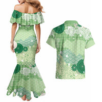 Green Palaka Japanese Patterns Couples Matching Mermaid Dress and Hawaiian Shirt Asanoha Seigaiha Sakura Motif - Polynesian Pride
