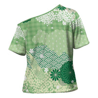 Green Palaka Japanese Patterns Cross Shoulder Shirt Asanoha Seigaiha Sakura Motif - Polynesian Pride