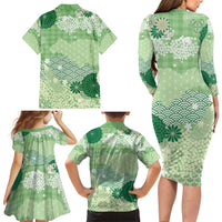 Green Palaka Japanese Patterns Family Matching Long Sleeve Bodycon Dress and Hawaiian Shirt Asanoha Seigaiha Sakura Motif - Polynesian Pride