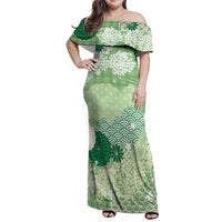 Green Palaka Japanese Patterns Family Matching Off Shoulder Maxi Dress and Hawaiian Shirt Asanoha Seigaiha Sakura Motif - Polynesian Pride