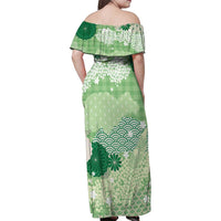 Green Palaka Japanese Patterns Family Matching Off Shoulder Maxi Dress and Hawaiian Shirt Asanoha Seigaiha Sakura Motif - Polynesian Pride