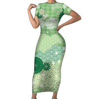 Green Palaka Japanese Patterns Family Matching Short Sleeve Bodycon Dress and Hawaiian Shirt Asanoha Seigaiha Sakura Motif - Polynesian Pride