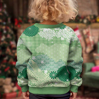 Green Palaka Japanese Patterns Kid Ugly Christmas Sweater Asanoha Seigaiha Sakura Motif - Polynesian Pride