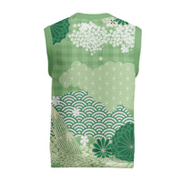 Green Palaka Japanese Patterns Christmas Knitted V-Neck Vest Asanoha Seigaiha Sakura Motif LT14 - Polynesian Pride