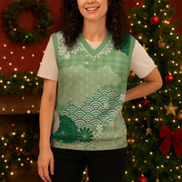 Green Palaka Japanese Patterns Christmas Knitted V-Neck Vest Asanoha Seigaiha Sakura Motif LT14 - Polynesian Pride