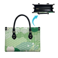 Green Palaka Japanese Patterns Leather Bag Asanoha Seigaiha Sakura Motif - Polynesian Pride