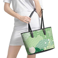 Green Palaka Japanese Patterns Leather Tote Bag Asanoha Seigaiha Sakura Motif - Polynesian Pride