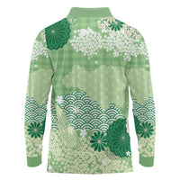 Green Palaka Japanese Patterns Long Sleeve Polo Shirt Asanoha Seigaiha Sakura Motif - Polynesian Pride