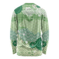 Green Palaka Japanese Patterns Long Sleeve Shirt Asanoha Seigaiha Sakura Motif LT14 - Polynesian Pride
