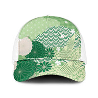 Green Japanese Traditional Motifs Mesh Trucker Cap Palaka With Asanoha Seigaiha Sakura - Polynesian Pride