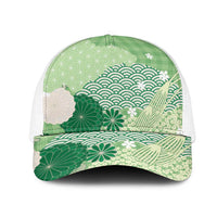 Green Japanese Traditional Motifs Mesh Trucker Cap Palaka With Asanoha Seigaiha Sakura LT14 One Size White Green - Polynesian Pride
