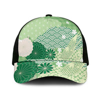 Green Japanese Traditional Motifs Mesh Trucker Cap Palaka With Asanoha Seigaiha Sakura LT14 One Size Black Green - Polynesian Pride