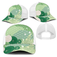 Green Japanese Traditional Motifs Mesh Trucker Cap Palaka With Asanoha Seigaiha Sakura LT14 - Polynesian Pride