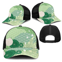 Green Japanese Traditional Motifs Mesh Trucker Cap Palaka With Asanoha Seigaiha Sakura LT14 - Polynesian Pride