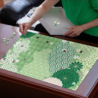 Green Palaka Japanese Patterns Puzzle Asanoha Seigaiha Sakura Motif - Polynesian Pride