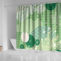 Green Palaka Japanese Patterns Shower Curtain Asanoha Seigaiha Sakura Motif - Polynesian Pride