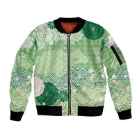 Green Palaka Japanese Patterns Sleeve Zip Bomber Jacket Asanoha Seigaiha Sakura Motif - Polynesian Pride