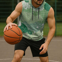 Green Palaka Japanese Patterns Sleeveless Hoodie Asanoha Seigaiha Sakura Motif - Polynesian Pride