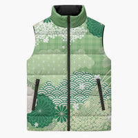 Green Palaka Japanese Patterns Sleeveless Puffer Jacket Asanoha Seigaiha Sakura Motif - Polynesian Pride