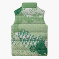 Green Palaka Japanese Patterns Sleeveless Puffer Jacket Asanoha Seigaiha Sakura Motif - Polynesian Pride