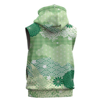 Green Palaka Japanese Patterns Sleeveless Zip Hoodie Asanoha Seigaiha Sakura Motif - Polynesian Pride