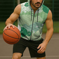 Green Palaka Japanese Patterns Sleeveless Zip Hoodie Asanoha Seigaiha Sakura Motif - Polynesian Pride