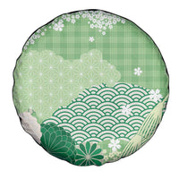 Green Palaka Japanese Patterns Spare Tire Cover Asanoha Seigaiha Sakura Motif - Polynesian Pride