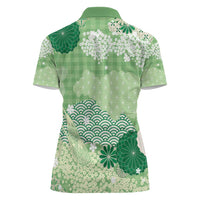 Green Palaka Japanese Patterns Women Polo Shirt Asanoha Seigaiha Sakura Motif - Polynesian Pride