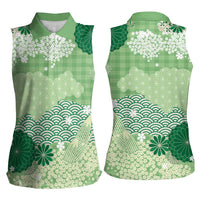 Green Palaka Japanese Patterns Women Sleeveless Polo Shirt Asanoha Seigaiha Sakura Motif - Polynesian Pride