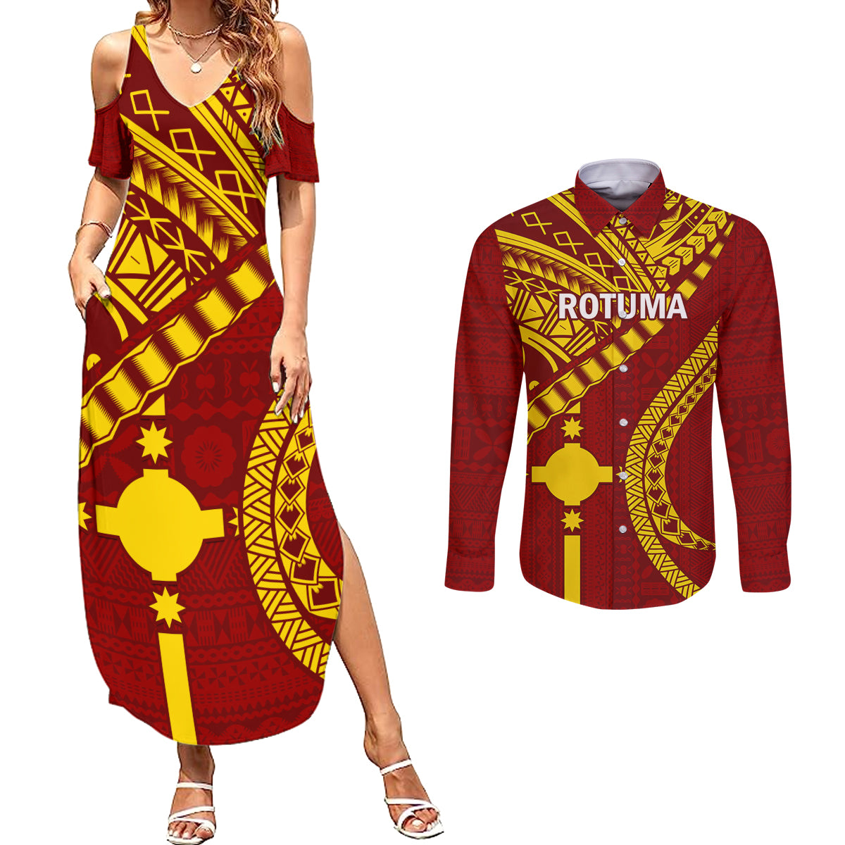 Personalised Fiji Rotuma Couples Matching Summer Maxi Dress and Long Sleeve Button Shirt Fijian Tapa Pattern LT14 Maroon - Polynesian Pride