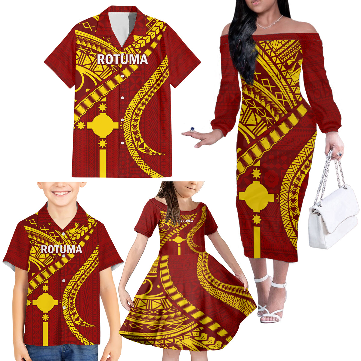 Personalised Fiji Rotuma Family Matching Off Shoulder Long Sleeve Dress and Hawaiian Shirt Fijian Tapa Pattern LT14 - Polynesian Pride