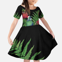 New Zealand Tui Bird Christmas Family Matching Puletasi and Hawaiian Shirt Maori Fern Mix Pohotukawa LT14 Daughter's Dress Black - Polynesian Pride