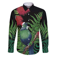 New Zealand Tui Bird Christmas Family Matching Summer Maxi Dress and Hawaiian Shirt Maori Fern Mix Pohotukawa LT14 Dad's Shirt - Long Sleeve Black - Polynesian Pride