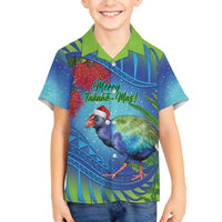 New Zealand Takahe Christmas Family Matching Off The Shoulder Long Sleeve Dress and Hawaiian Shirt Maori Fern Mix Pohotukawa LT14 Son's Shirt Blue - Polynesian Pride
