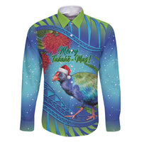 New Zealand Takahe Christmas Family Matching Summer Maxi Dress and Hawaiian Shirt Maori Fern Mix Pohotukawa LT14 Dad's Shirt - Long Sleeve Blue - Polynesian Pride