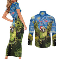 Personalised Jumping Kakapo Christmas Couples Matching Short Sleeve Bodycon Dress and Long Sleeve Button Shirt New Zealand Fern - Starry Night Style