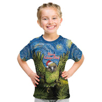 Personalised Jumping Kakapo Christmas Kid T Shirt New Zealand Fern - Starry Night Style