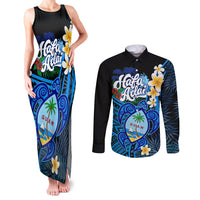 Hafa Adai Guam Couples Matching Tank Maxi Dress and Long Sleeve Button Shirt Guahan Sea Turtle Tropical Style LT14 Blue - Polynesian Pride
