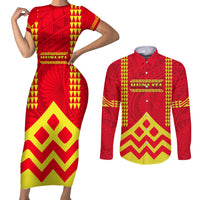 Hawaii Mauna Kea Couples Matching Short Sleeve Bodycon Dress and Long Sleeve Button Shirt Hawaiian Kakau Tribal Pattern LT14 Red - Polynesian Pride