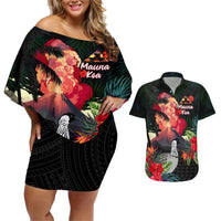 Hawaii Mauna Kea Couples Matching Off Shoulder Short Dress and Hawaiian Shirt White Mountain With Nene Tropical Vibes LT14 Black - Polynesian Pride