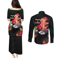 Hawaii Mauna Kea Couples Matching Puletasi and Long Sleeve Button Shirt White Mountain With Nene Tropical Vibes LT14 - Polynesian Pride