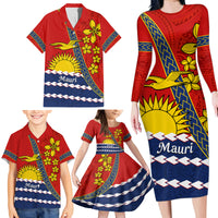 Personalised Mauri Kiribati Family Matching Long Sleeve Bodycon Dress and Hawaiian Shirt Polynesian Ribaberiki Flag Style Mix Plumeria LT14 - Polynesian Pride