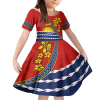 Personalised Mauri Kiribati Family Matching Short Sleeve Bodycon Dress and Hawaiian Shirt Polynesian Ribaberiki Flag Style Mix Plumeria LT14 Daughter's Dress Red - Polynesian Pride