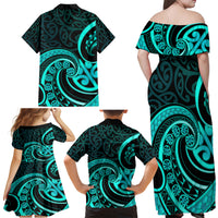 Turquoise New Zealand Mangopare Family Matching Off Shoulder Maxi Dress and Hawaiian Shirt Aotearoa Maori Koru Style LT14 - Polynesian Pride