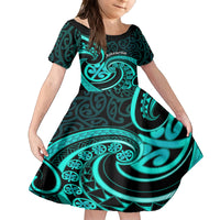 Turquoise New Zealand Mangopare Family Matching Off Shoulder Short Dress and Hawaiian Shirt Aotearoa Maori Koru Style LT14 Daughter's Dress Turquoise - Polynesian Pride